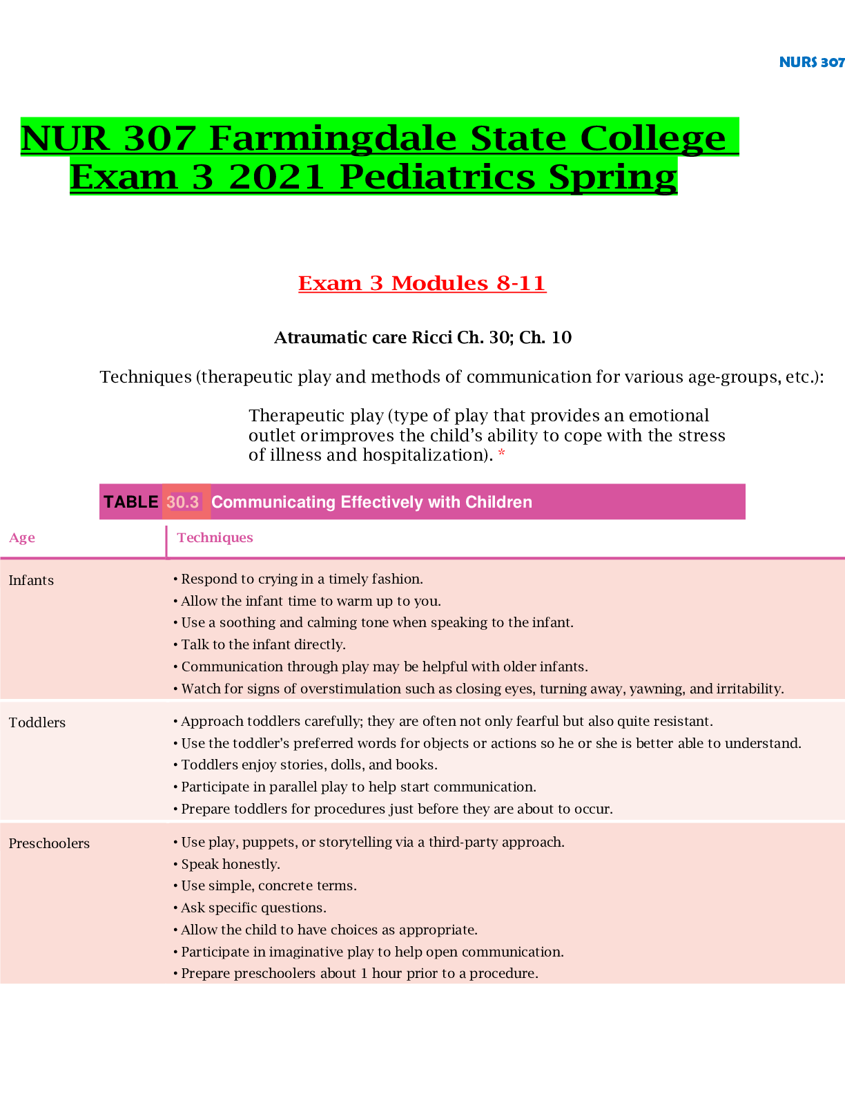 Preview image for NUR 307 Study Guide Farmingdale State College Exam 3 2021 Pediatrics Spring